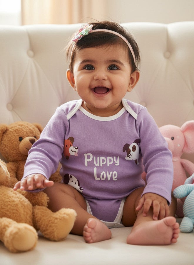 Bontots Infant Girls Organic Cotton Bodysuit - Puppy Love Design - Image 1